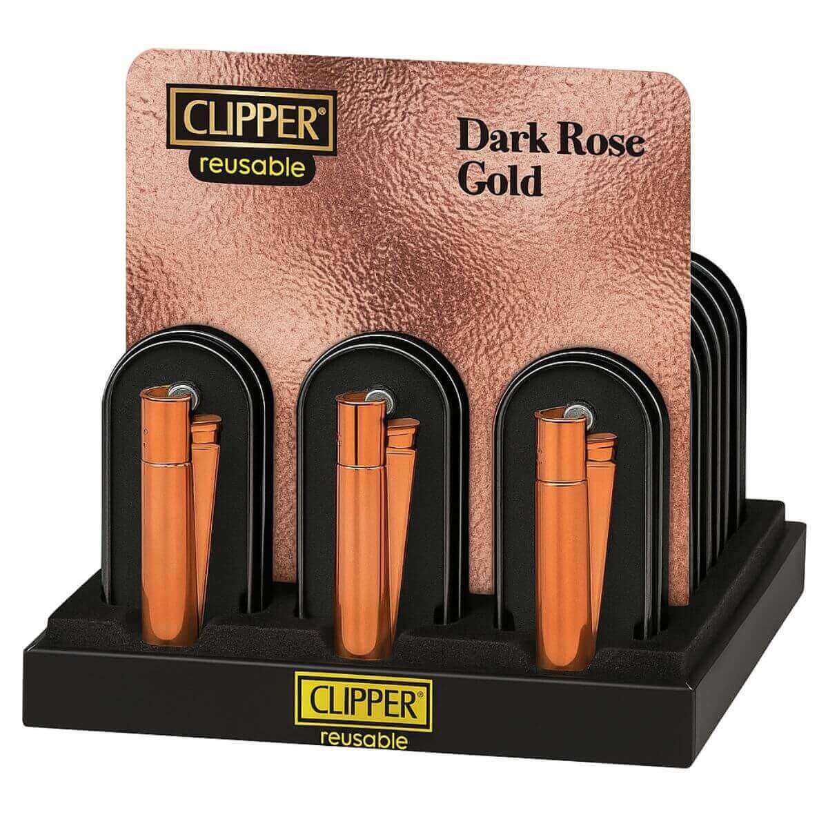 Clipper Feuerzeuge aus Metall in Dunkelroségold und Geschenkbox (12 Stück/Display)