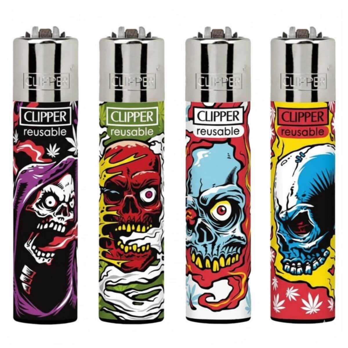 Clipper Feuerzeuge Klassische Weed-Totenkopf-Motive (24 Stück/Display)