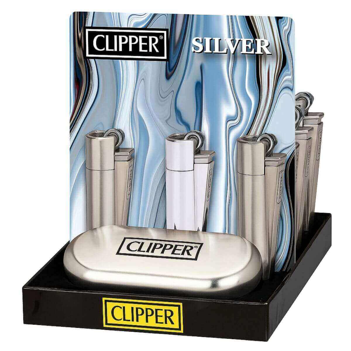 Clipper The Bulldog Silberne Metallfeuerzeuge + Geschenkbox (12 Stück/Display)