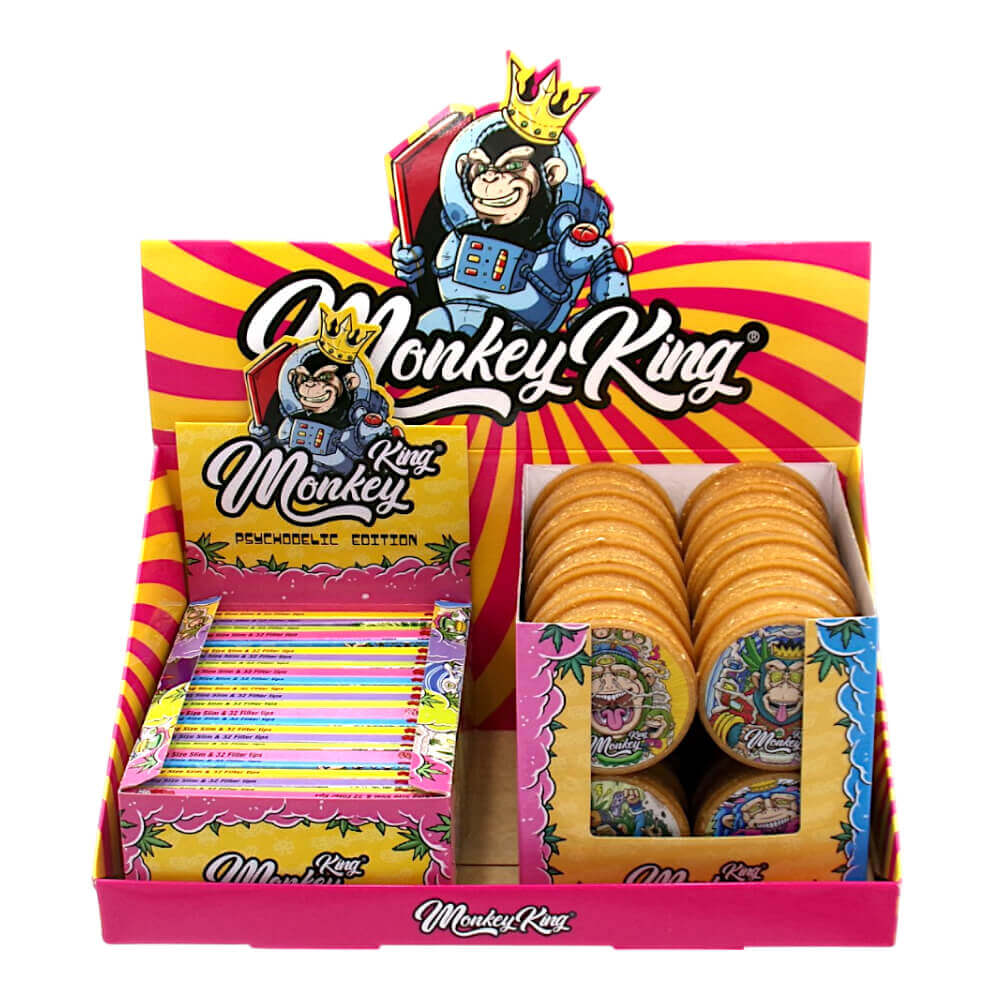 Monkey King Rolling Papers mit Tips und Grinders, psychedelisch (48 Stück/Display)
