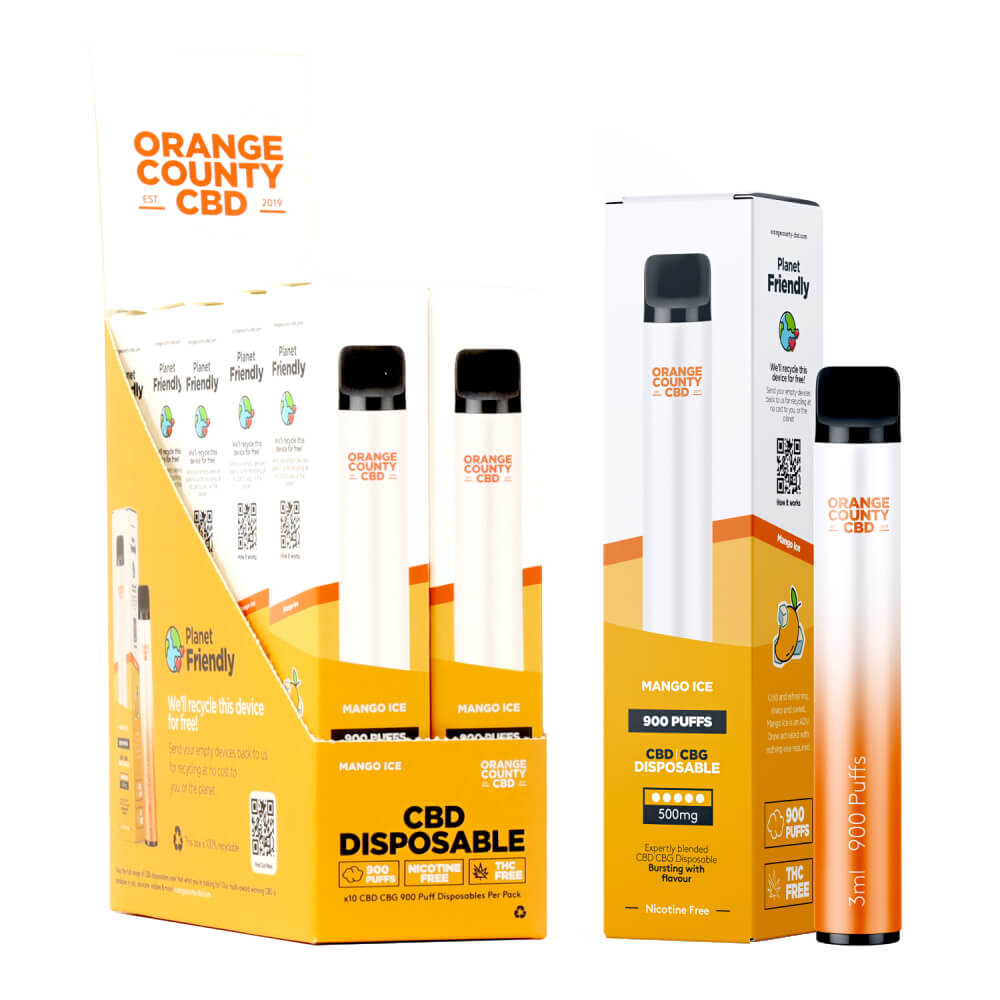 Orange County CBD 3ml Einweg-Vape-Pen 250 mg CBD + 250 mg CBG Mango Ice (10 Stück/Display)