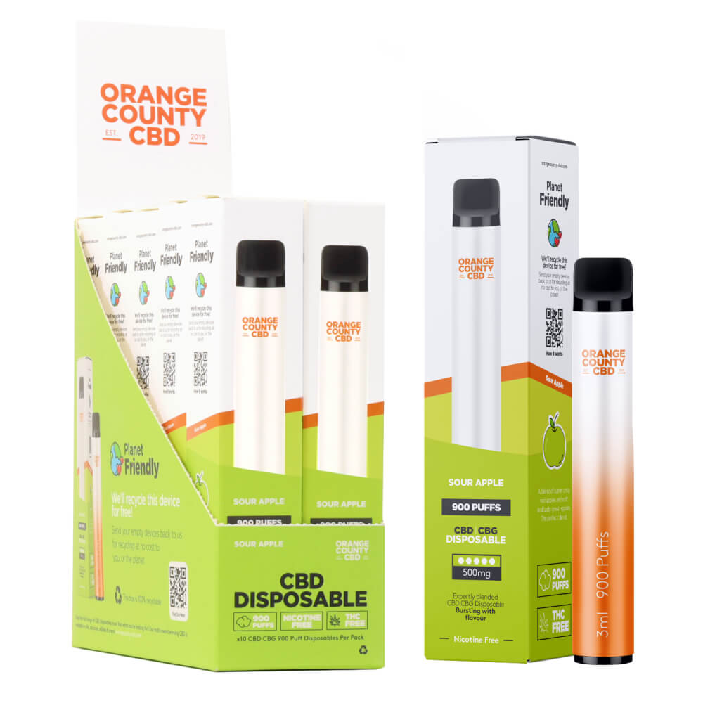 Orange County CBD 3ml Einweg-Vape-Pen 250 mg CBD + 250 mg CBG Saurer Apfel (10 Stück/Display)
