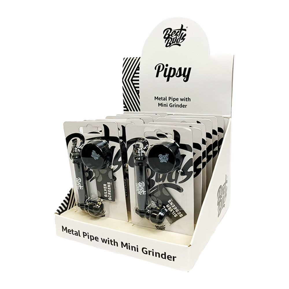 Best Buds Pipsy Schwarze Kunststoff-Metall-Pfeife mit Mini-Grinder (12 Stück/Display)