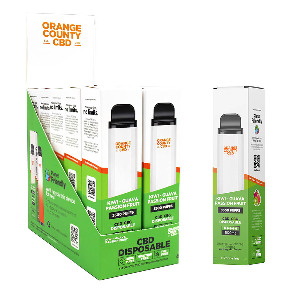 Orange County CBD 10ml Einweg-Vape-Pen Kiwi Guave Passionsfrucht 600mg CBD + 400mg CBG ? 3500 Züge (10 Stück/Display)