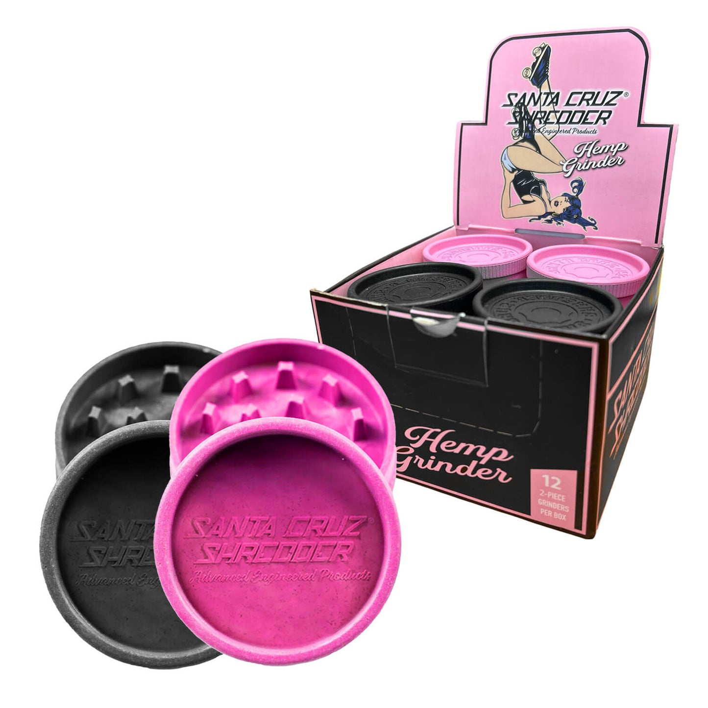 Santa Cruz Biologisch abbaubarer Hanfgrinder Pink Schwarz 2-teilig 55 mm (12 Stück/Display)