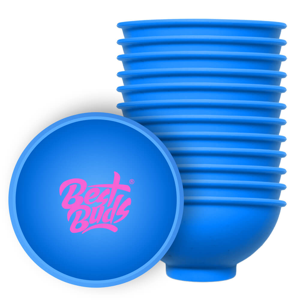 Best Buds Silikon-Rührschüssel 7 cm Blau mit rosa Logo (12 Stück/Beutel)