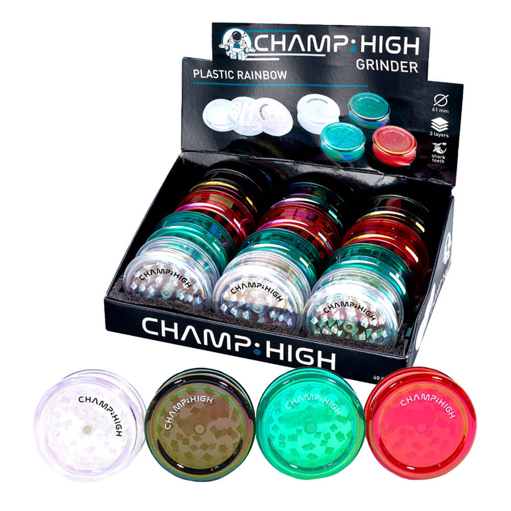 Champ High Kunststoff-Grinder Regenbogen 3-teilig 61 mm (12 Stück/Display)