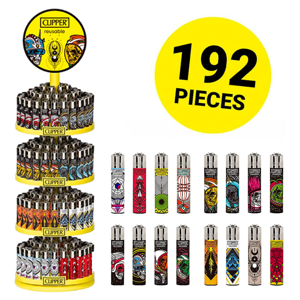 Clipper Feuerzeuge Astro Skulls + Gratis-Karussell (192 Stück/Display)