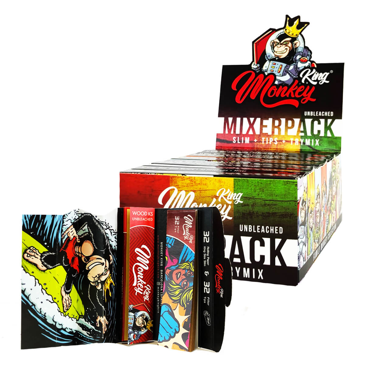 Monkey King Mixer Pack Rolling Papers mit Tips und Rolling Tray (24 Stück/Display)