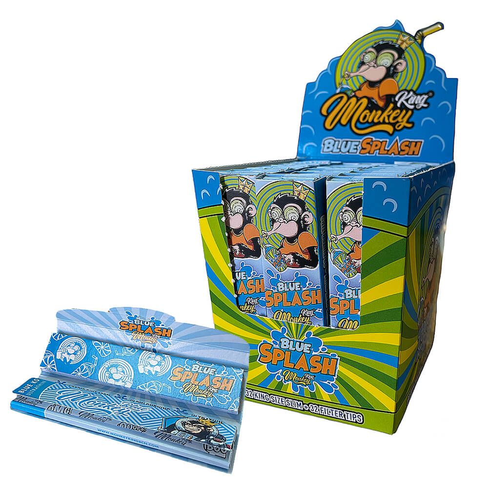 Monkey King Blue Splash Touch and Smell Rolling Papers mit Tips (24 Stück/Display)