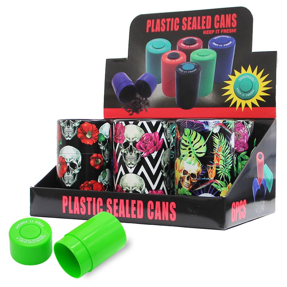 Versiegelte Plastikdosen mit Totenkopf- und Blumenmotiv (6 Stück/Display)