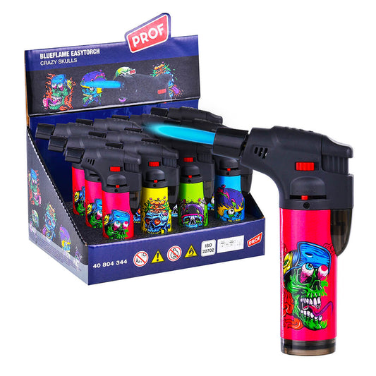 Prof Crazy Skulls Windfeste Feuerzeuge mit blauer Flamme (12 Stück/Display)