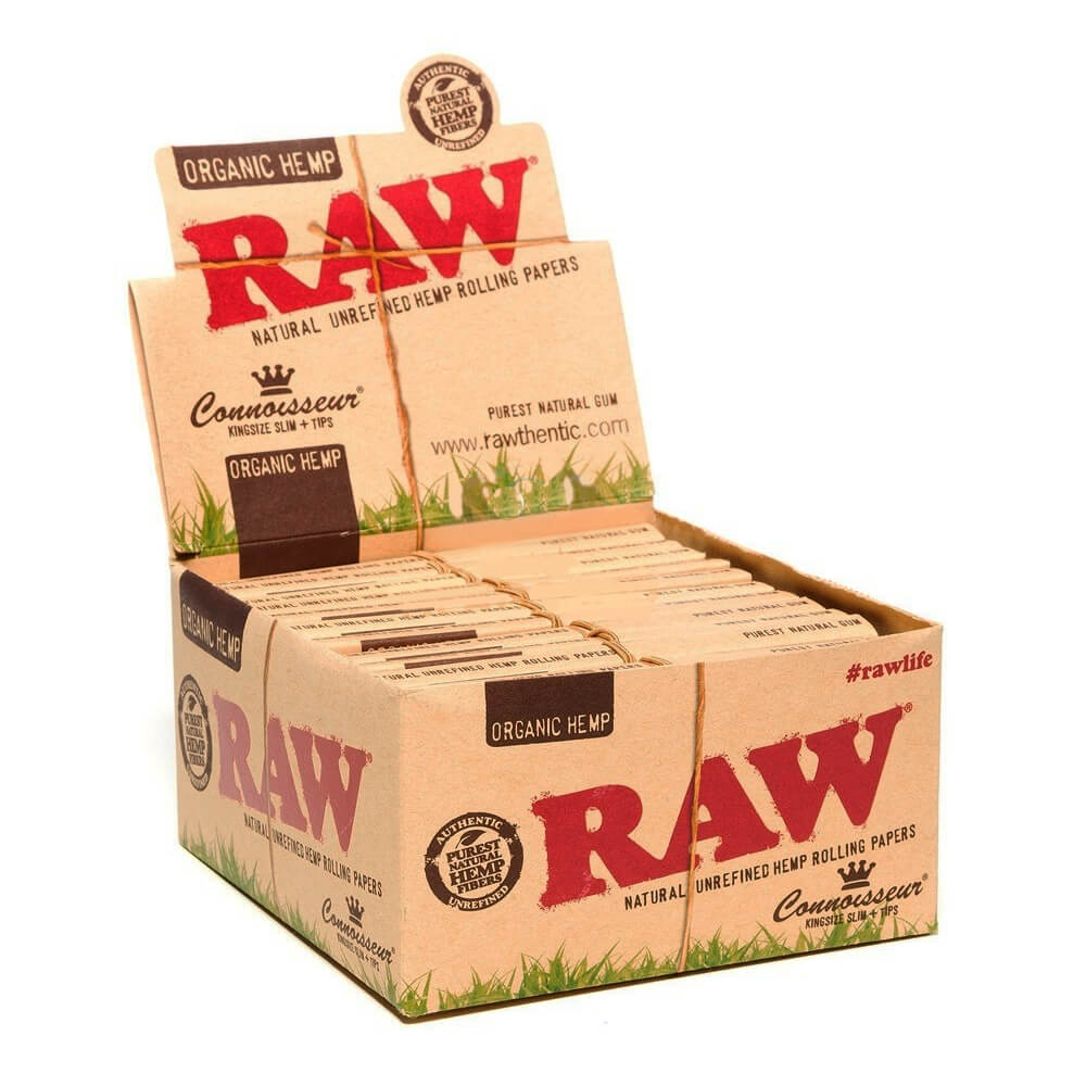 RAW Connoisseur Kingsize Bio-Hanf-Drehpapier mit Filtertips (24 Stück/Display)
